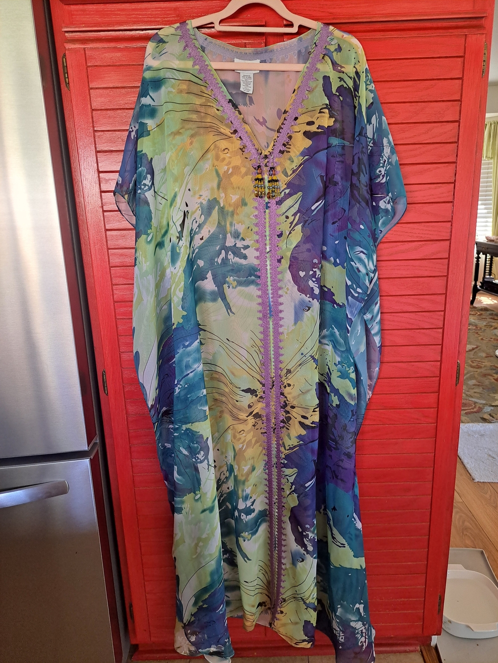 Soft Surroundings NWOT maxi Caftan L watercolor Print Beaded Neckline Beach Cvr